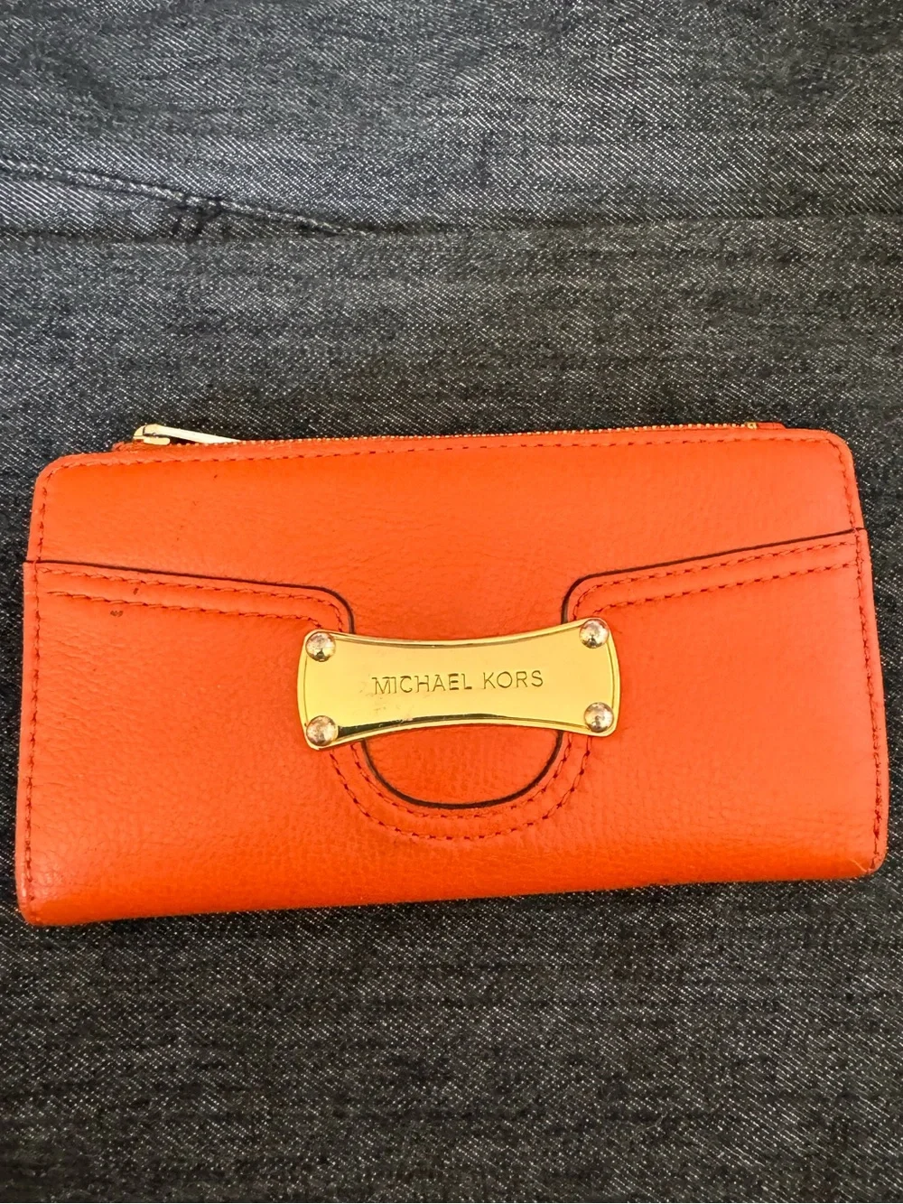 Michael Kors Orange Leather Zip Wallet with Gold Plaque